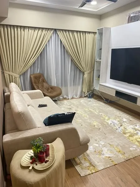 Living features: beige fabric sofa, area rug with floral pattern, wall-mounted TV, TV console, wooden flooring, floor-to-ceiling windows, sheer curtains, golden drapes, decorative plant on side table, accent chair in brown, recessed downlights, ceiling fan; style: modern.