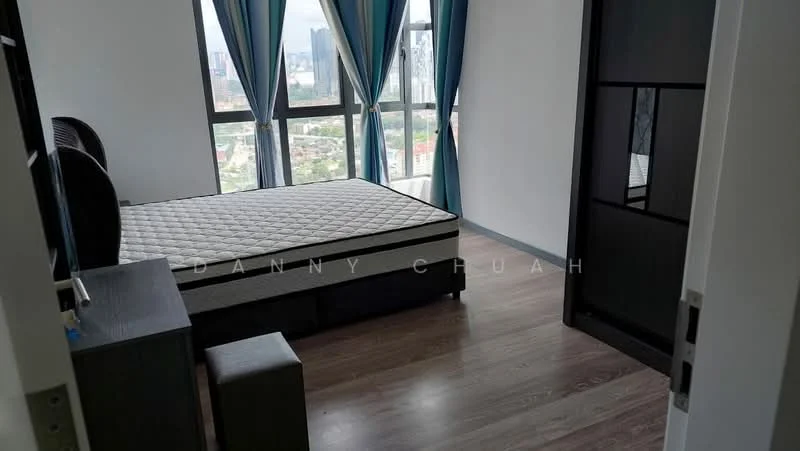 Bedroom features: queen-size bed, wooden flooring, floor-to-ceiling windows, blue curtains, black upholstered headboard, nightstand, decorative wall panel, city view; style: modern; view: city.