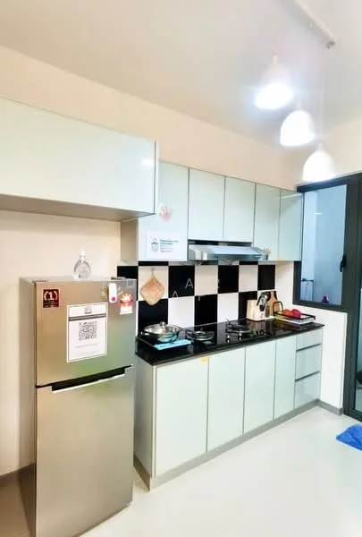 Kitchen features: light green cabinetry, black and white tiled backsplash, stainless-steel fridge, built-in oven, 4-burner gas hob, stainless-steel range hood, single-bowl stainless-steel sink, chrome pull-down faucet, pendant lighting, window with view, countertop with space for appliances, kitchen utensils on countertop; style: modern.