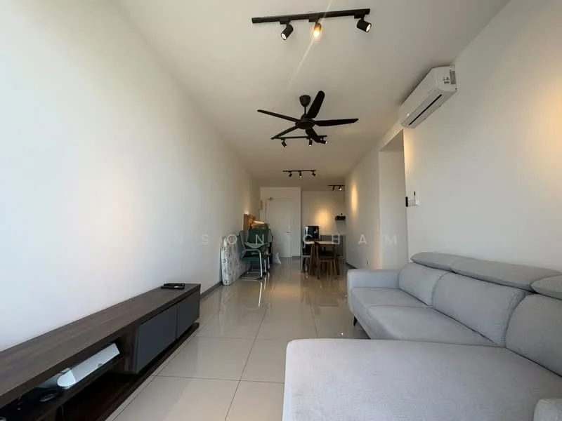 Living features: grey fabric sectional sofa, wall-mounted TV, TV console in dark wood, ceiling fan with light, recessed LED downlights, white painted walls, glossy tile flooring, dining table with chairs in background, air conditioning unit; style: modern.