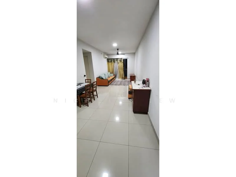Living features: white painted walls, glossy ceramic tile flooring, 5-blade ceiling fan with light, sofa in orange fabric, area rug with geometric pattern, wooden dining table with chairs, curtains in yellow fabric, TV console, wall-mounted TV; style: modern.