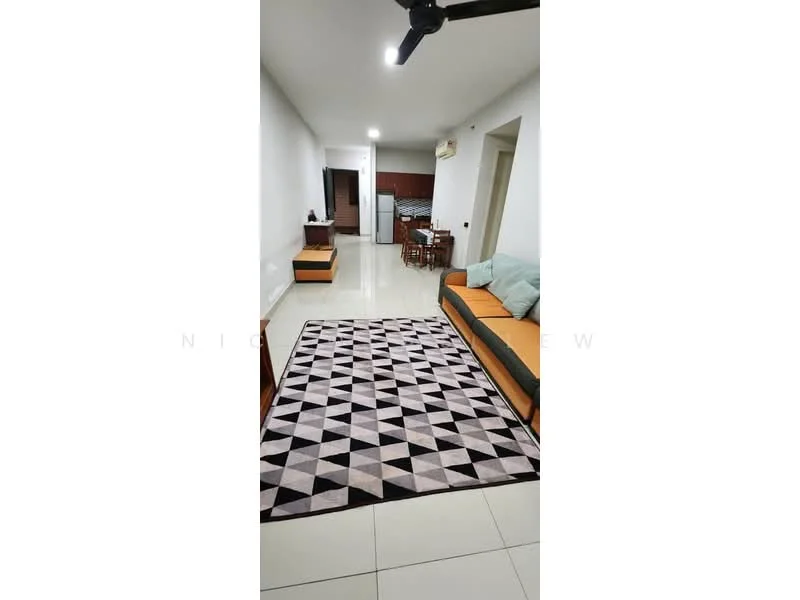 Living features: grey and pink geometric area rug, 3-seater orange fabric sofa, wooden coffee table, white painted walls, glossy tile flooring, ceiling fan, wall-mounted air conditioning unit, dining table with chairs visible in background; style: modern.