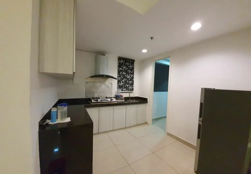 Kitchen features: black granite countertop, white cabinetry, stainless-steel range hood, built-in gas stove, single-bowl stainless-steel sink, tile backsplash with black and white pattern, ceramic tile flooring, refrigerator, wall-mounted cabinets, under-cabinet lighting; style: modern.