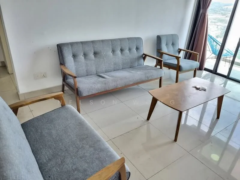 Living features: 3-seater fabric sofa in grey, 2-seater fabric sofa in grey, wooden armchair with grey upholstery, wooden coffee table, large glass sliding door, floor-to-ceiling windows, white painted walls, tile flooring, curtains in brown, decorative items on coffee table; style: modern; view: city.