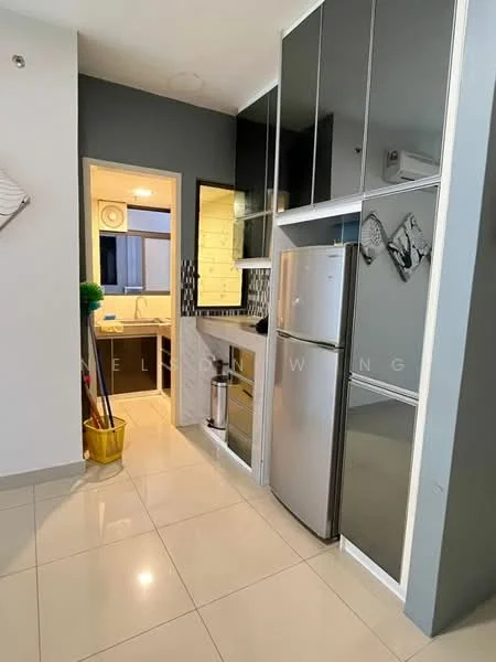 Kitchen features: black glossy cabinetry, white countertop, stainless-steel fridge, built-in oven, ceramic tile flooring, wall-mounted microwave, black and white mosaic tile backsplash, single-bowl stainless-steel sink, chrome pull-down faucet, recessed LED downlights; style: modern. Room features: doorway leading to bathroom, light-colored walls, neutral decor.