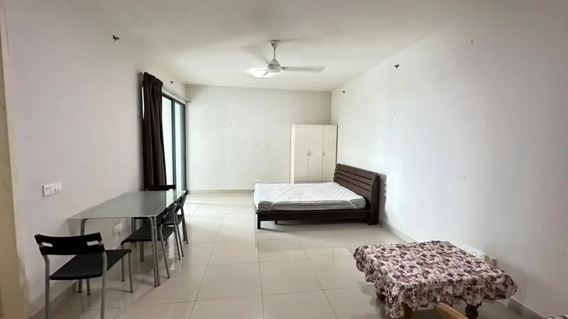 Room features: white painted walls, tiled flooring, ceiling fan, floor-to-ceiling windows, blackout curtains, double bed frame without mattress, dining table with 4 chairs, wooden wardrobe, small side table with floral pattern; style: minimalist.