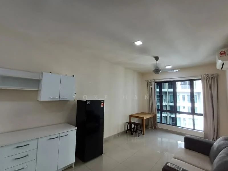 Living features: white painted walls, polished ceramic tile flooring, 5-blade ceiling fan with light, floor-to-ceiling windows, sheer curtains, black refrigerator, white cabinetry, wooden dining table, black dining chairs, sofa in grey fabric, air conditioning unit; style: modern; view: city.