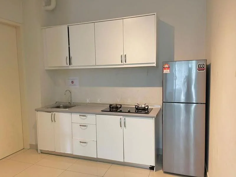Kitchen features: white cabinetry with flat-panel doors, stainless-steel sink, chrome pull-down faucet, grey countertop, built-in gas hob with two burners, stainless-steel fridge, white tiled walls, cream tiled flooring; style: modern.