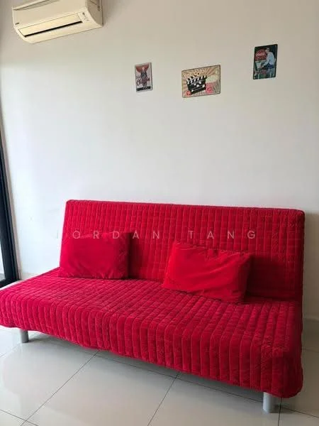 Living features: red fabric sofa, two red cushions, white painted walls, glossy tile flooring, wall-mounted split AC, framed artwork on wall; style: modern.