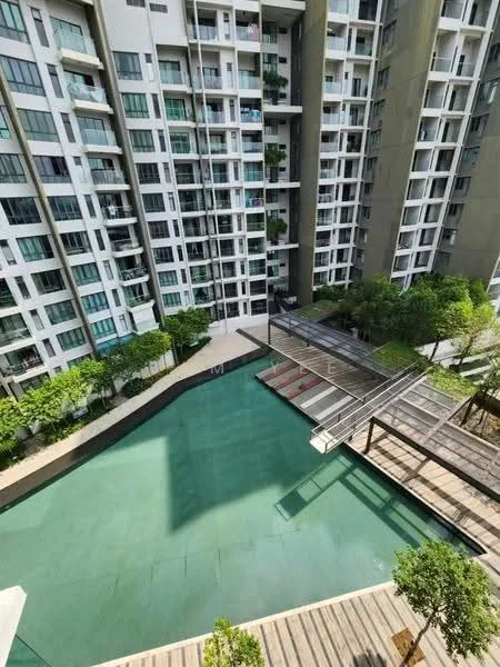 Exterior type: high-rise condominium; features: glass curtain wall facade, balconies on multiple floors, infinity pool, pool deck with loungers, landscaped garden area, manicured lawn, trees and greenery surrounding the pool, outdoor seating area, modern architectural design; style: modern.