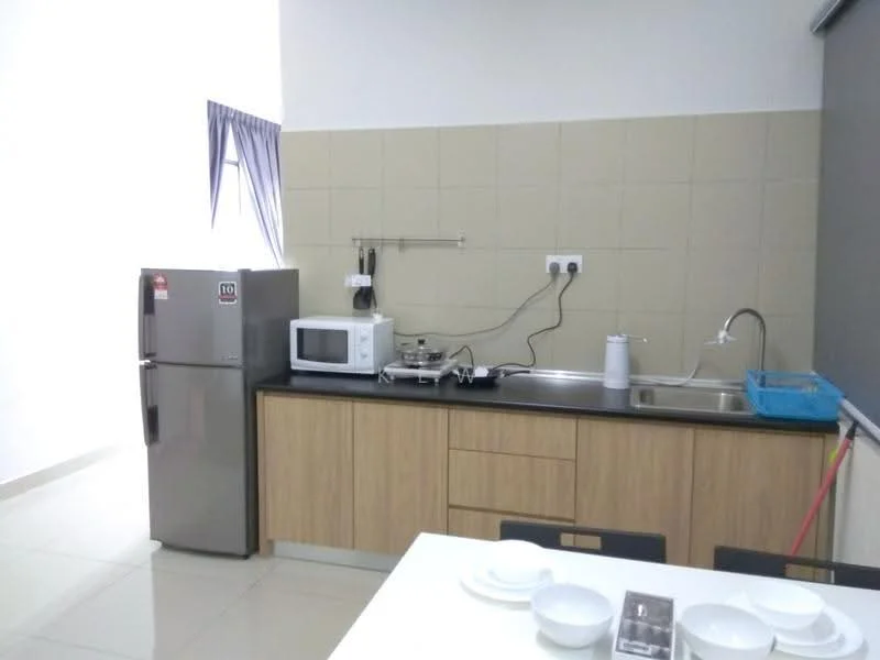 Kitchen features: stainless-steel fridge, built-in microwave, single-bowl stainless-steel sink, chrome pull-down faucet, black countertop, wood cabinetry, cream tiled backsplash, ceramic tile flooring, window with sheer curtains, dining table with white plates; style: modern.