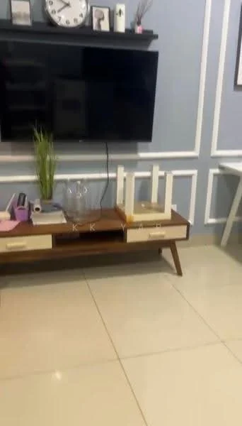 Living features: light grey painted walls, white wainscoting, large flat-screen TV mounted on wall, wooden TV console with drawers, ceramic tile flooring, decorative wall clock, indoor plant in ceramic pot, framed artwork on wall, glass decorative items on console, modern style furniture; style: modern.