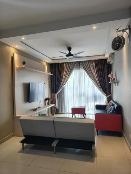 Living features: 3-seater fabric sofa in grey, 2-seater fabric sofa in red, wall-mounted TV, TV console, ceiling fan with light, recessed downlights, floor-to-ceiling windows, sheer curtains, dark wood shelving unit, decorative wall clock, light-colored tiled flooring, neutral painted walls, area rug; style: modern.