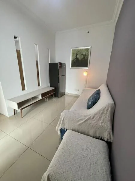 Living features: white painted walls, grey accent wall, glossy tile flooring, sofa with white throw, coffee table, floor lamp, fridge, wall-mounted artwork, built-in console table, decorative cushion; style: modern.