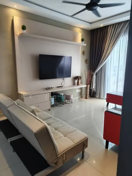 Living features: 3-seater fabric sofa in beige, wall-mounted TV, TV console with drawers, white painted walls, grey accent wall, recessed downlights, ceiling fan, floor-to-ceiling windows with sheer curtains, decorative plants on shelf, area rug, glass coffee table, red accent chair; style: modern; view: city.