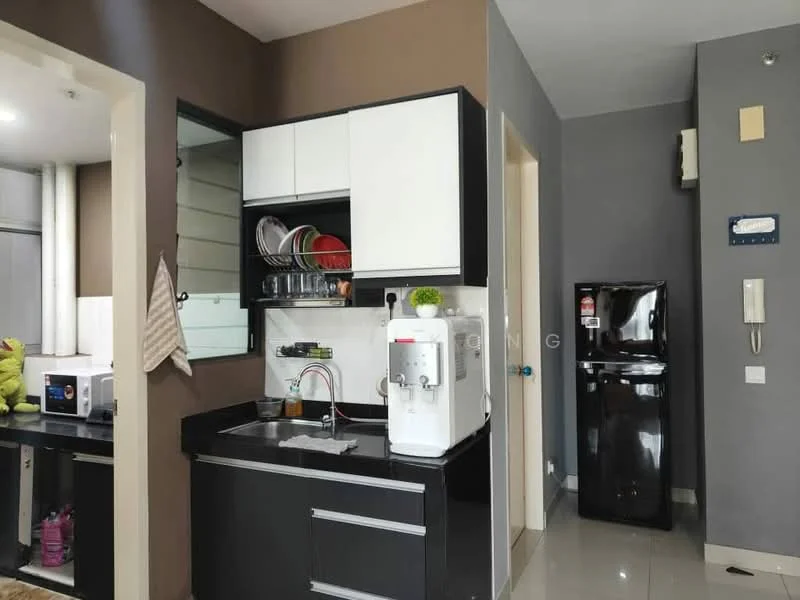 Kitchen features: black and white cabinetry, single-bowl stainless-steel sink, chrome pull-down faucet, white countertop, microwave, built-in refrigerator, open shelving, tile backsplash, ceramic tile flooring, recessed downlights, wall-mounted intercom, kitchen utensils visible; style: modern.