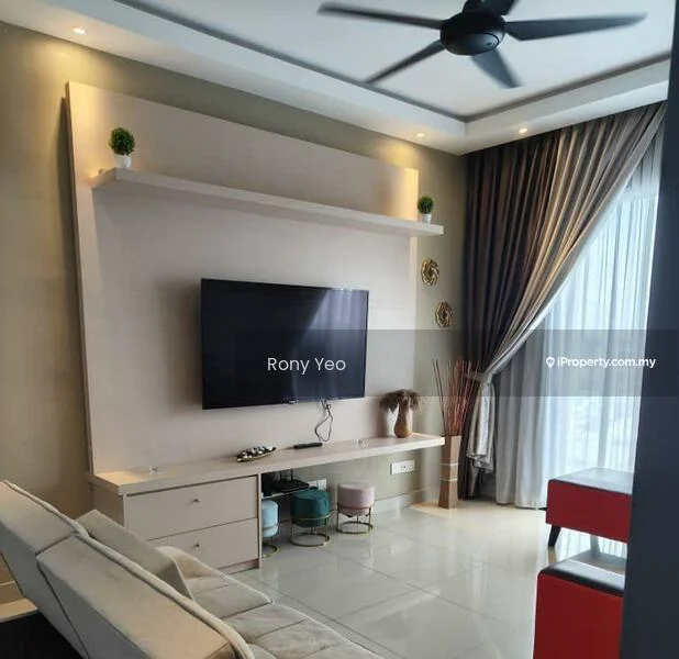 Living features: light grey fabric sofa, wall-mounted TV, entertainment unit with storage, decorative wall shelf, recessed lighting, ceiling fan with light, floor-to-ceiling windows with sheer curtains, decorative plants, neutral wall colour, glossy tile flooring; style: modern; view: city.
