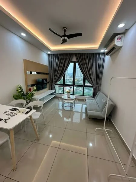 Living features: grey fabric sofa, white coffee table, TV console, wall-mounted TV, dining table with white chairs, floor-to-ceiling windows, sheer curtains, recessed LED downlights, ceiling fan with light, glossy tile flooring, green indoor plant, decorative wall panel; style: modern; view: city.