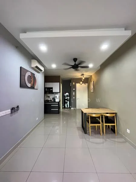 Living features: grey painted walls, white ceiling with recessed lighting, 5-blade ceiling fan with light, large tiles flooring in light grey, open layout connecting to kitchen, dining table with four yellow chairs, wall-mounted air conditioning unit, decorative artwork on wall, kitchen area visible in background; style: modern.
