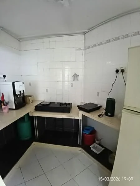 Kitchen features: white tiled walls, laminate countertop, black gas stove, built-in coffee machine, green trash bin, black electric kettle, white refrigerator, white ceramic tile flooring.