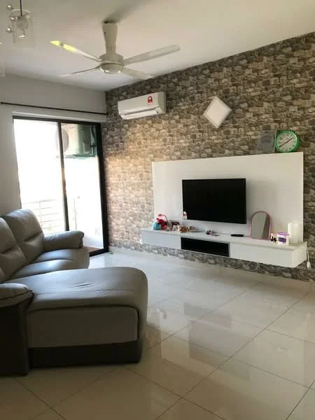 Living features: 3-seater leather sofa in grey, floor-to-ceiling windows, sliding glass door, exposed brick accent wall, white wall-mounted TV unit, wall-mounted TV, decorative clock, air conditioning unit, recessed downlights, polished ceramic tile flooring, decorative mirror; style: modern.