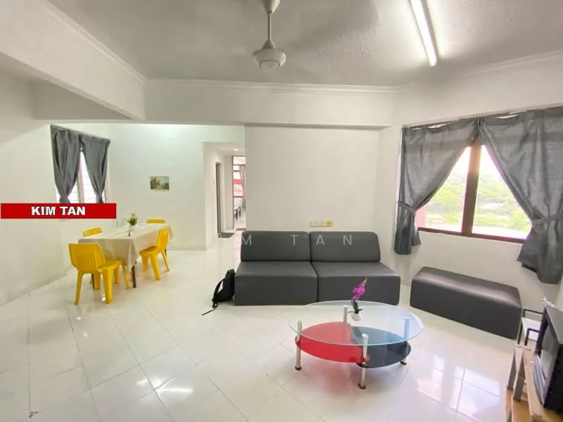 Living features: grey L-shape sectional sofa, glass coffee table with blue base, white tiled flooring, ceiling fan, floor-to-ceiling windows, grey curtains, decorative plant on table, wall-mounted TV, light-colored walls; style: modern; view: garden. Dining features: 4-seater dining table, yellow plastic dining chairs, white tablecloth, light-colored walls, grey curtains; style: modern.