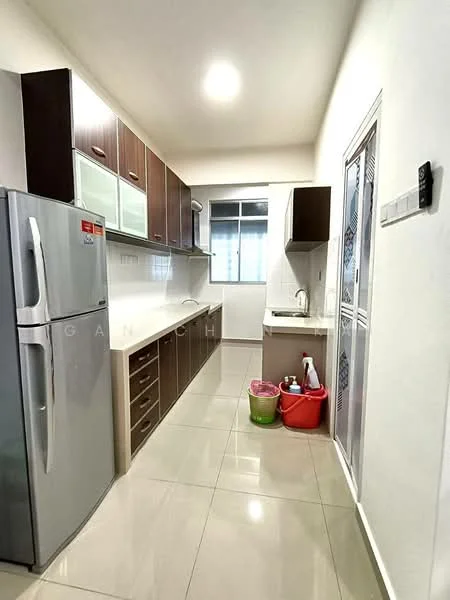Kitchen features: stainless-steel fridge, wood cabinetry in dark brown, white countertop, single-bowl stainless-steel sink, chrome pull-down faucet, ceramic tile flooring, wall-mounted cabinets, window with grid pattern, kitchen appliances visible, cleaning supplies in baskets; style: modern.