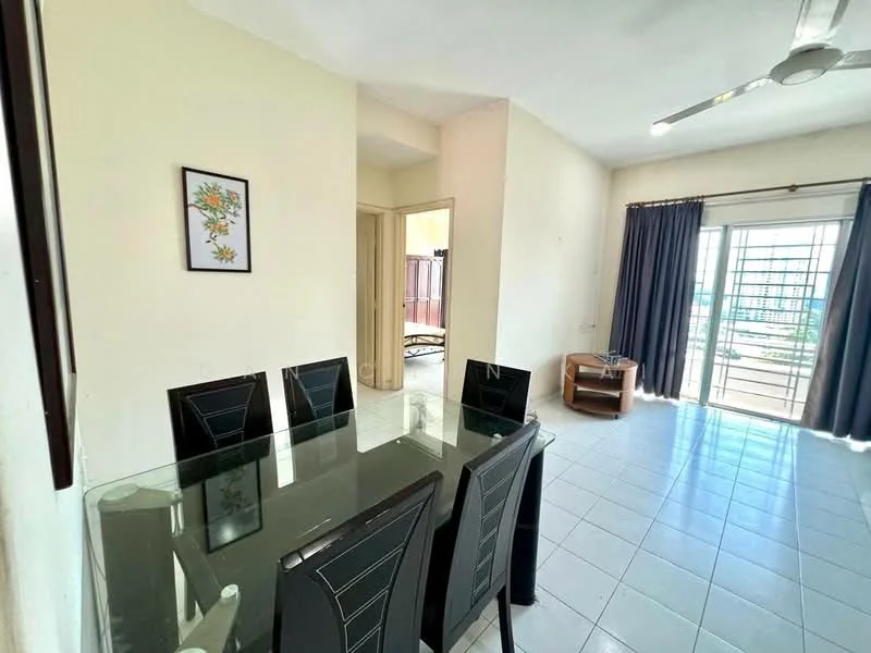 Dining features: glass dining table, 6 black dining chairs, cream painted walls, white tiled flooring, ceiling fan, framed artwork on wall, sliding glass door, curtains; style: modern; view: city. Room features: white walls, doorway leading to another room, natural light from sliding door.