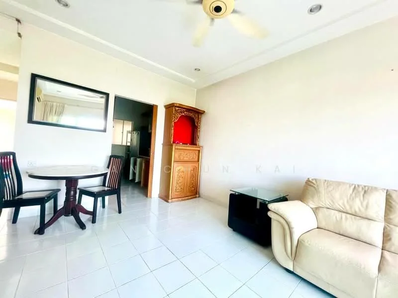 Living features: cream painted walls, white tiled flooring, 5-blade ceiling fan with light, 2-seater fabric sofa in beige, glass coffee table, wooden dining table with 4 chairs, wooden cabinet, mirror on wall; style: modern.
