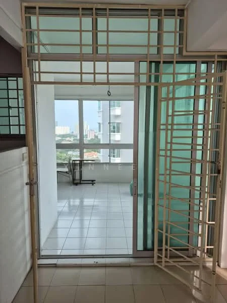 Room features: glass sliding door, metal security grille, white tiled flooring, large windows, city skyline view, neutral wall color, open layout, natural light; style: modern; view: city.