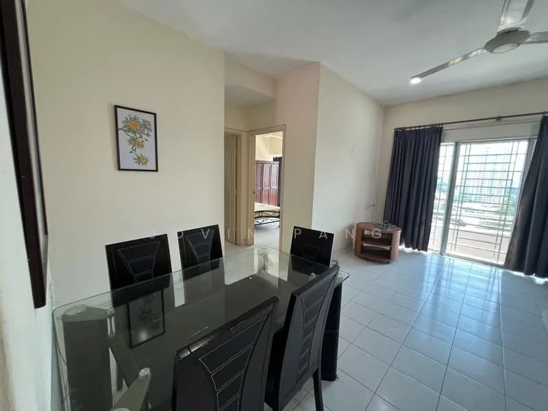 Dining features: glass dining table, black upholstered dining chairs, white painted walls, tiled flooring, ceiling fan, sliding glass door, curtains, framed artwork on wall; style: modern; view: city. Room features: white painted walls, tiled flooring, doorway leading to another room, natural light from sliding door.