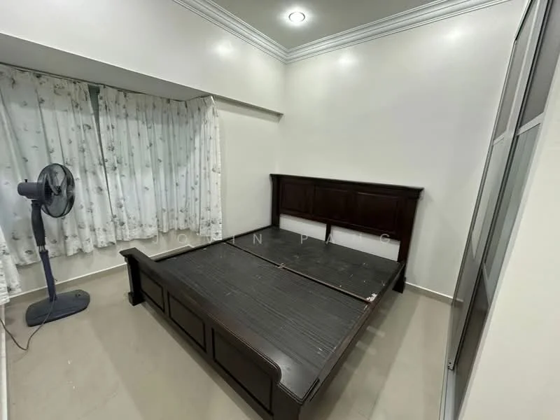 Bedroom features: queen-size bed frame in dark wood, white painted walls, crown moulding, floor-to-ceiling window with sheer curtains, light-colored tile flooring, ceiling light fixture, standing fan, built-in wardrobe with sliding doors; style: modern.