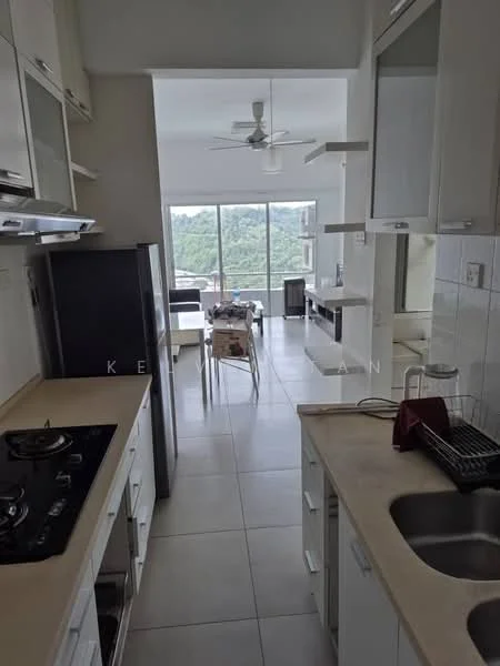 Kitchen features: white cabinetry, granite countertop, stainless-steel sink, chrome pull-down faucet, 4-burner gas hob, built-in oven, black refrigerator, ceramic tile flooring, wall-mounted cabinets, open shelving, recessed downlights; style: modern; view: city. Living features: floor-to-ceiling windows, sliding glass door, dining table with chairs, sofa, TV console, ceramic tile flooring, ceiling fan; style: modern; view: city.