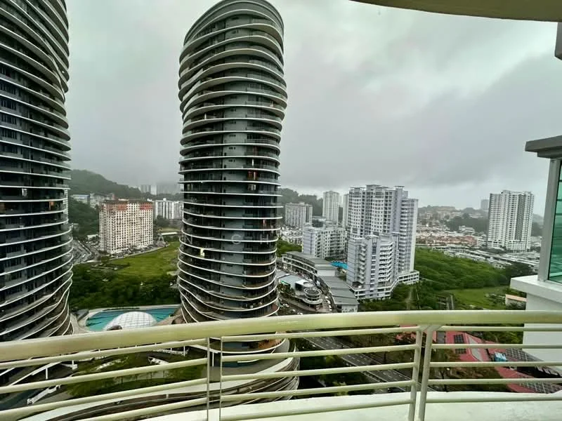 Exterior type: high-rise condominium; features: curved glass facade, balconies with glass railings, surrounding greenery, city skyline view, multiple high-rise buildings, swimming pool visible in the foreground, modern architectural design, urban landscape, cloudy sky; style: modern.