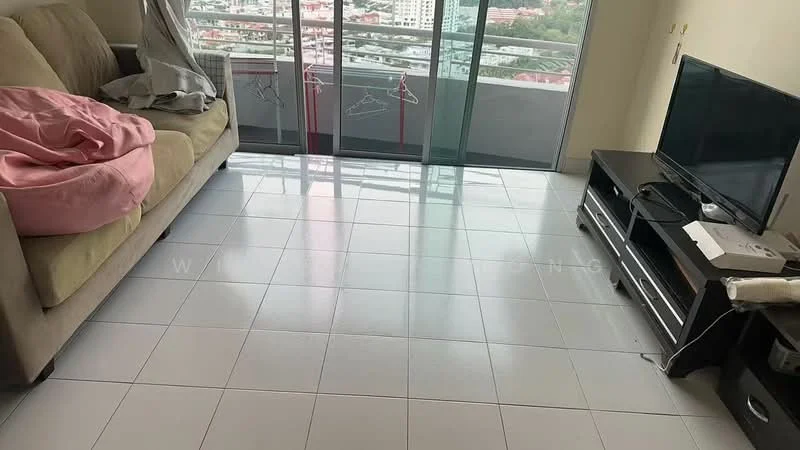 Living features: beige fabric sofa, pink throw blanket on sofa, white tiled flooring, floor-to-ceiling windows, TV console, wall-mounted TV, decorative wall with hangers, natural light from windows; style: modern; view: city.