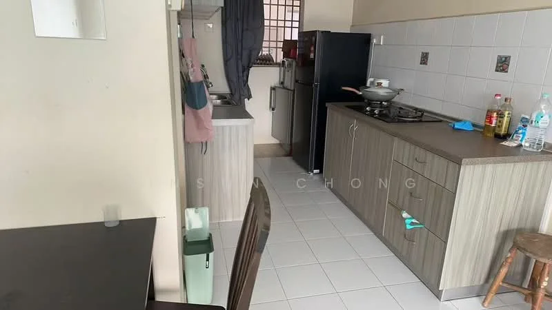 Kitchen features: laminate cabinetry in light brown, grey countertop, single-bowl stainless-steel sink, chrome pull-down faucet, built-in gas stove, exhaust hood, refrigerator, white tiled backsplash, white tiled flooring, window with sheer curtains, dining table, plastic chair; style: modern.