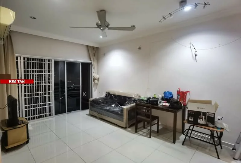 Living features: white painted walls, glossy tile flooring, 5-blade ceiling fan with light, sofa with plastic covering, wooden dining table, plastic chair, TV console, floor-to-ceiling windows, curtains, outdoor view, wall-mounted light fixture; style: modern; view: city.