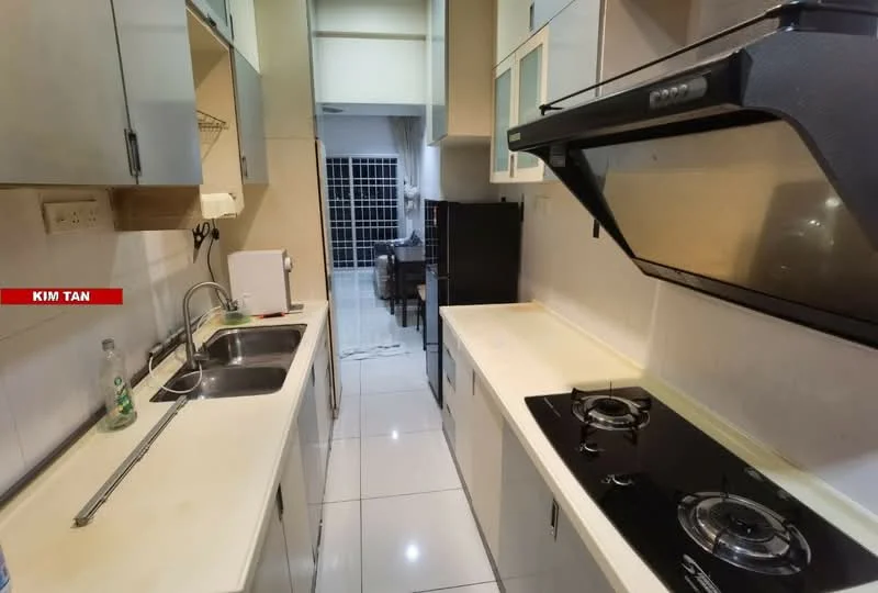 Kitchen features: single-bowl stainless-steel sink, chrome pull-down faucet, double-burner gas hob, black glass cooktop, white laminate countertops, white cabinetry with glass-front upper cabinets, tile backsplash, ceramic tile flooring, recessed downlights, wall-mounted range hood, built-in oven, open shelving; style: modern.
