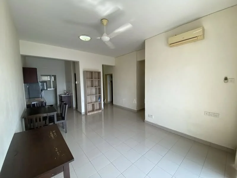 Living features: white painted walls, glossy ceramic tile flooring, ceiling fan, wall-mounted split AC, dining table with chairs, wooden side table, built-in shelving unit, open layout, natural light from windows; style: modern.