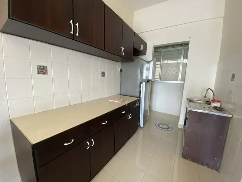 Kitchen features: dark wood cabinetry, light-colored countertop, stainless-steel fridge, built-in sink, wall-mounted faucet, ceramic tile backsplash, white tiled walls, glossy floor tiles, window with metal grille, kitchen area with ample storage; style: modern.