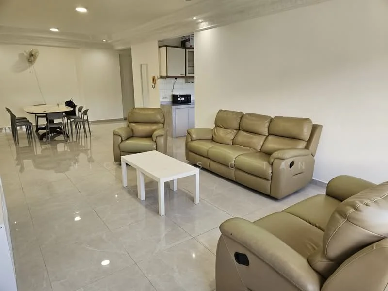 Living features: cream leather sofa, 2-seater leather sofa, 3-seater leather sofa, white coffee table, dining table with 4 chairs, marble tile flooring, white painted walls, recessed ceiling lights, wall-mounted ceiling fan; style: modern. Kitchen features: kitchen cabinetry, black countertop, built-in oven, stainless-steel sink, white backsplash; style: modern.