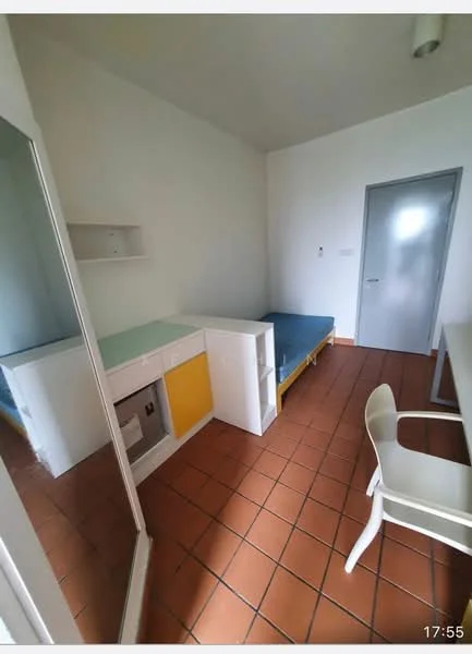 Bedroom features: single bed with blue mattress, white desk with chair, built-in wardrobe with mirror, white shelving unit, yellow accent panel on cabinetry, brown tiled flooring, plain white walls, window with natural light; style: minimalist.