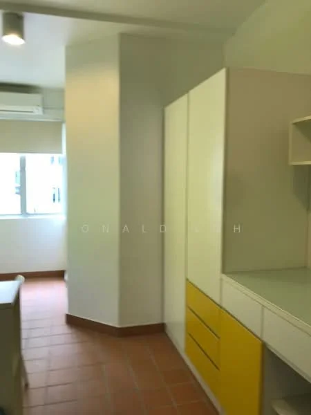 Room features: white painted walls, orange tiled flooring, built-in cabinetry with yellow accents, built-in desk, window with blinds, wall-mounted air conditioning unit; style: modern.
