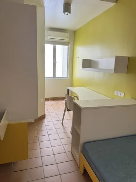 Room features: yellow painted walls, tile flooring, window with view, desk with chair, built-in shelving, air conditioning unit, bed with mattress, light fixture on ceiling; style: modern.