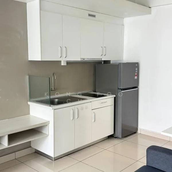 Kitchen features: white cabinetry, stainless-steel sink, chrome pull-down faucet, built-in stove, grey refrigerator, white countertop, tile backsplash, ceramic tile flooring, under-cabinet lighting; style: modern.