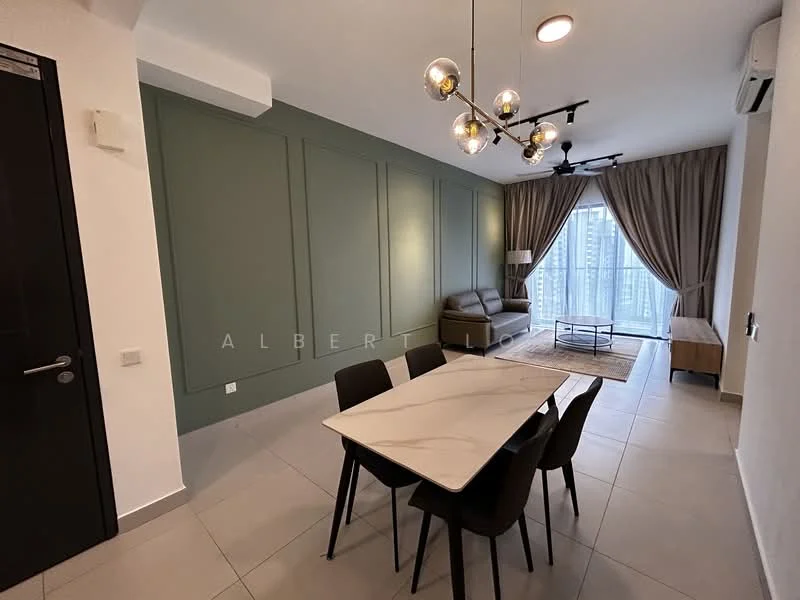 Dining features: 6-seater dining table with marble top, black dining chairs, green accent wall with paneling, floor-to-ceiling windows, curtains, light fixture with multiple bulbs, sofa in beige, area rug, wall-mounted air conditioning unit, neutral tile flooring; style: modern; view: city.
