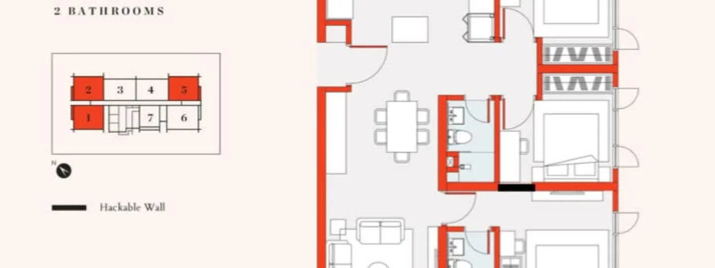 Floor plan: 3-bedroom 2-bathroom unit; features: open-plan kitchen-dining-living, master bedroom with ensuite bathroom, bedroom 2 with shared bathroom, utility room, central foyer, 2 car porch.