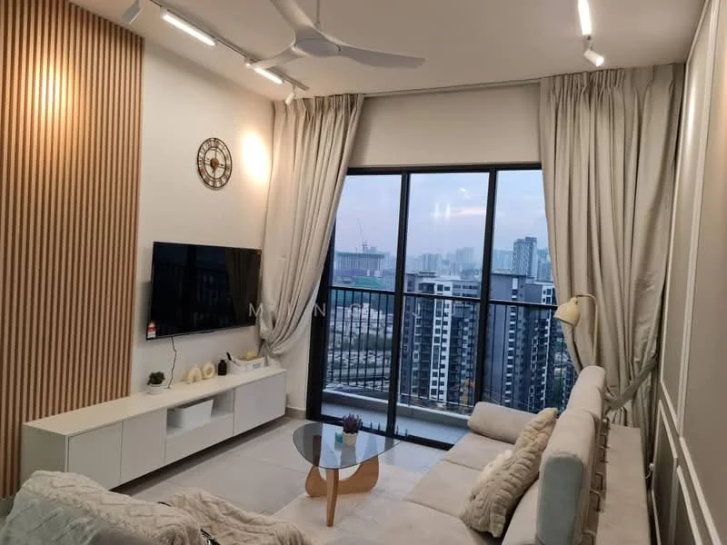 Living features: floor-to-ceiling windows, white painted walls, wood accent wall, recessed downlights, 5-blade ceiling fan, sofa with light upholstery, coffee table, TV console, wall-mounted TV, curtains, decorative wall clock, area rug; style: modern; view: city.