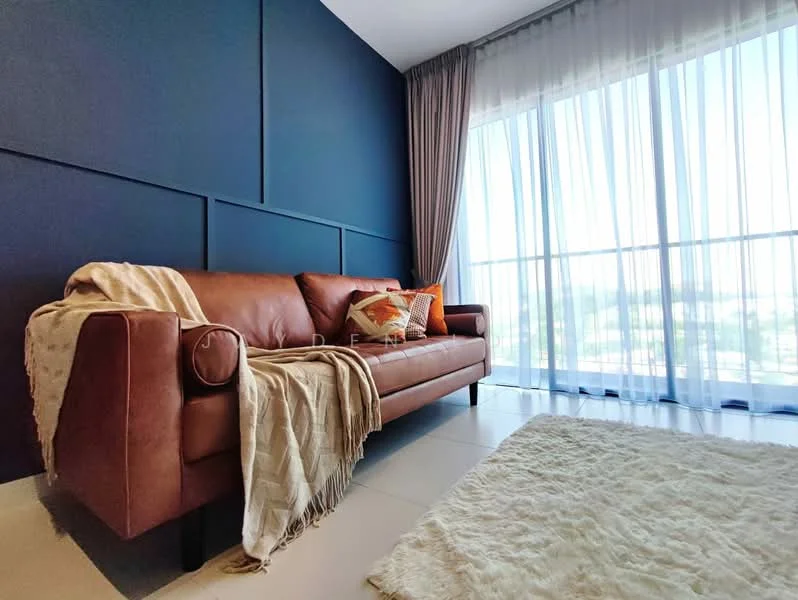 Living features: brown leather sofa, decorative cushions, throw blanket, floor-to-ceiling windows, sheer curtains, grey accent wall, light-colored flooring, area rug; style: modern; view: city.