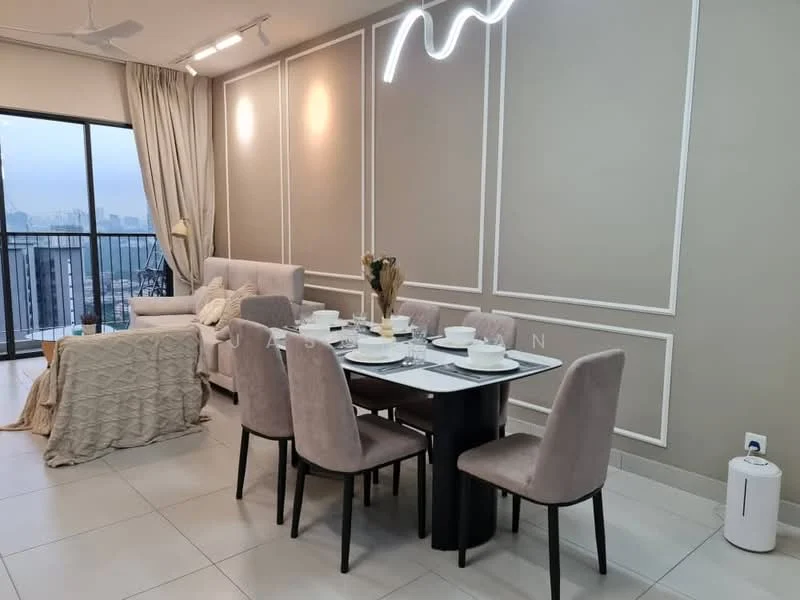 Dining features: 6-seater dining table, upholstered dining chairs in light grey, white tableware, decorative vase with dried flowers, pendant light fixture, floor-to-ceiling windows, curtains, light grey accent wall with paneling, tile flooring, sofa in light grey, throw blanket on sofa; style: modern; view: city.